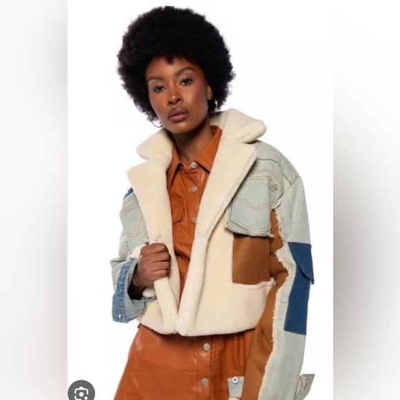 Bida Jackets & Blazers - Bida Women’s Vegan Sherpa Patchwork Colorblock Faux Suede Denim Jacket Med NWT